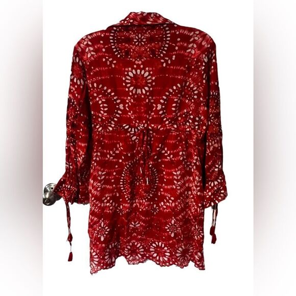Label RITU KUMAR Indian Anthropologie Red Boho Tie Dye Eyelet Empire Dress M. - Picture 2 of 5